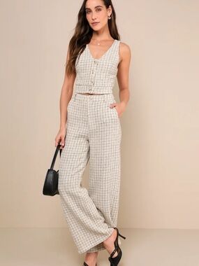 Lulu's Cream Tweed-Look Button Crop Tank and Pants Set